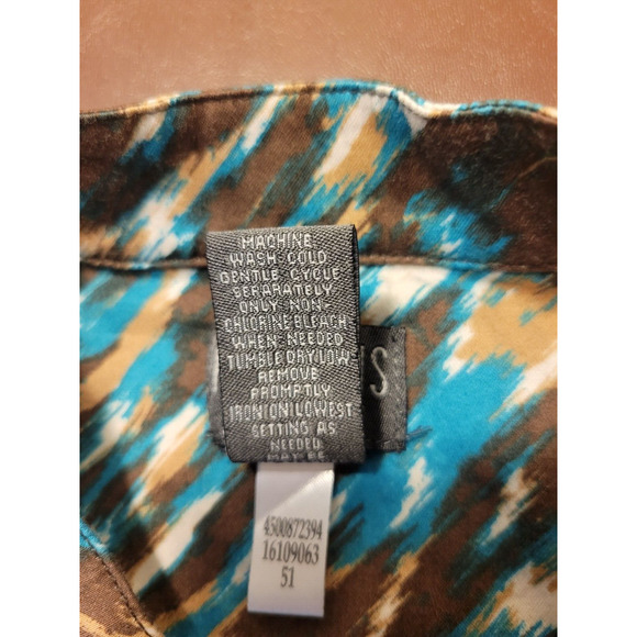 Chico's Additions Brown Teal Abstract Stretch Button Front Top Size 3 = XL (16) - Picture 10 of 11